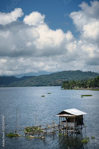 View over Tondano lake with fisherman s hut  Sulawesi  Indonesia