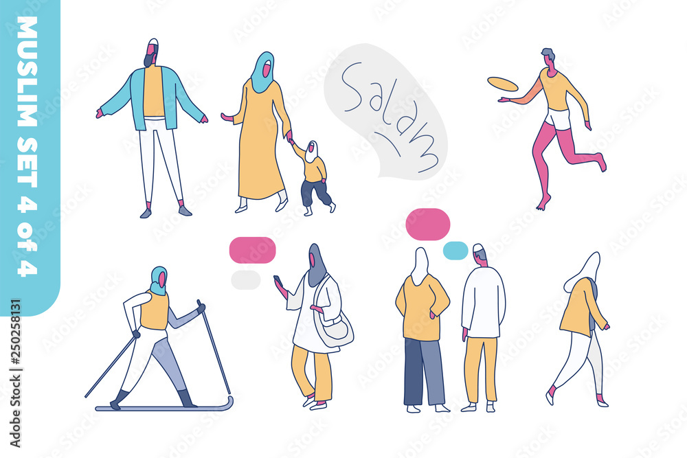 Islamic muslim activity collection, vary in poses of family. flat vector illustration