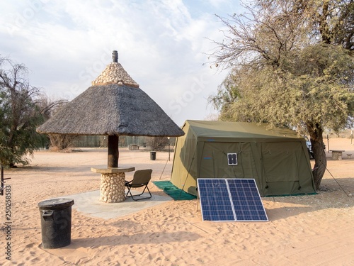 Safari tent and photovoltaic system at Twee Rivieren Camp, Kgalagadi Transfrontier National Park, North Cape, South Africa, Africa photo