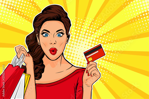 Sexy surprised young woman holding shopping bags and credit card. Colorful illustration in pop art retro comic style