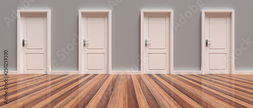 Fototapeta Naklejka Na Ścianę i Meble -  Four closed white doors on grey wall and wooden floor background, banner. 3d illustration