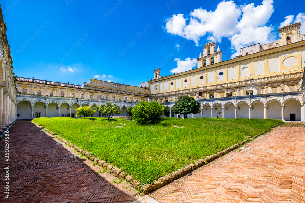 Beautiful cloister and gardens of San Martino (Certosa di San Martino or chartreuse of Saint Martin) in springtime, Naples, Italy