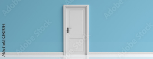 Closed door white on blue wall background, banner, copy space. 3d illustration photo