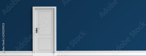 Closed door white on dark navy blue wall background, banner. 3d illustration photo