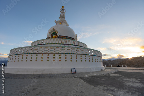 A view of Shanti Stupa on the sunset time in Leh, Ladakh, India