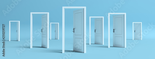 White doors opened on blue background, banner. 3d illustration photo