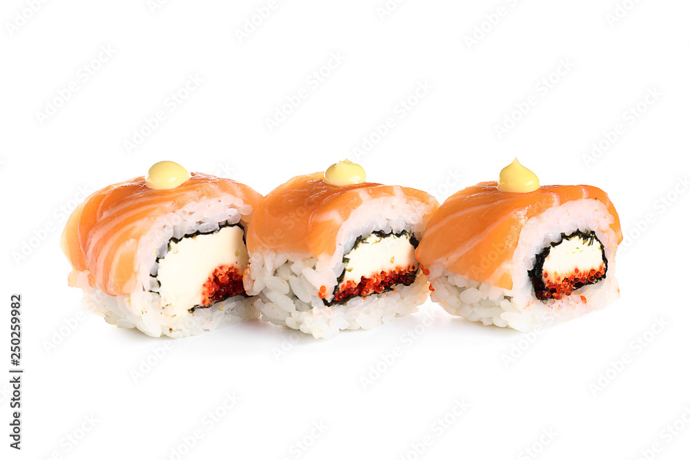 Tasty sushi rolls on white background Tasty sushi rolls on white background
