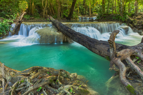 Beautiful scenery of Erawan Waterfall in Kanchanaburi Thailand.