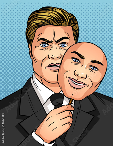 Color vector illustration in the style of comic pop art. A man holds a mask in his hands. Businessman hides his emotions. A man with a fake smile. Man liar with fake emotions