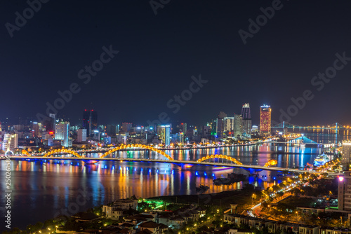 Da Nang, Vietnam – Business and Administrative District of Da Nang city on the Han River during night with night views. Picture taken on Apr 2018