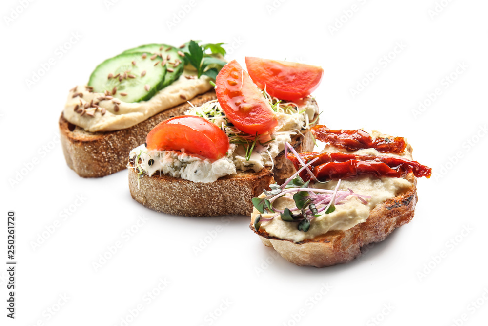 Fresh tasty bruschettas on white background Fresh tasty bruschettas on white background