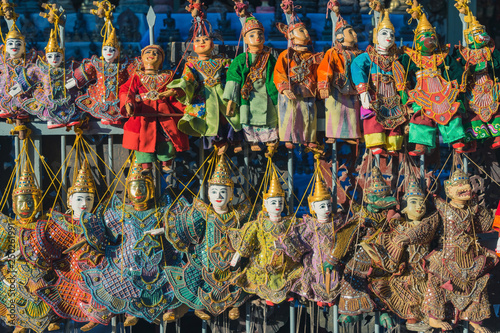 Traditional handicraft puppets for sale in the ancient pagoda in Bagan, Myanmar
