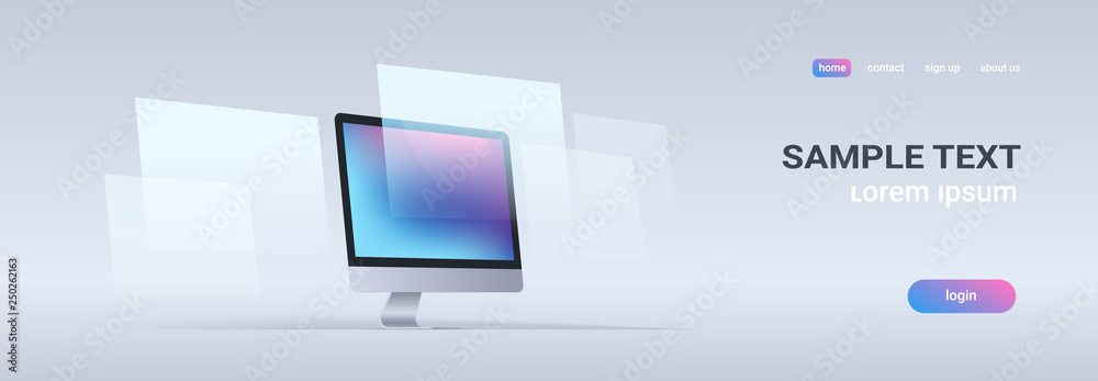 modern desktop monitor workstation blank computer display digital technology concept gray background horizontal banner copy space - obrazy, fototapety, plakaty 
