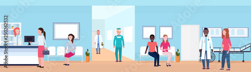 mix race patients and doctors in hospital waiting hall with reception seats and bed helthcare concept medical clinic corridor interior horizontal flat