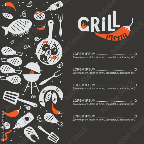 BBQ food dark menu hand drawn vector illustration concept. Grill and barbecue restaurant design: text, fork, pepper, texture, meat, shrimps, grill, sause, ketchup, sausage, fish, lemon, chicken, kebab