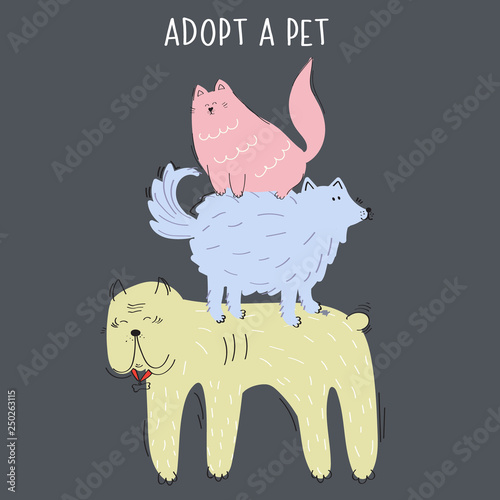 Adopt a pet from the shelter vector concept. Illustration with two dogs and a cat and a place for your text. 