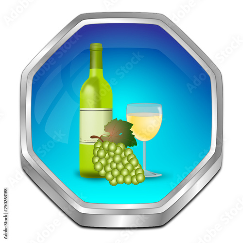 Button with wine bottle, a glass of wine and Grapes - 3D illustration