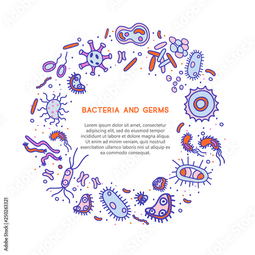 Bacteria, viruses and germs vector colorful banner. Collection of various microorganisms, fungi, protozoa on a white background. Set of disease causing microbes in blue colors.
