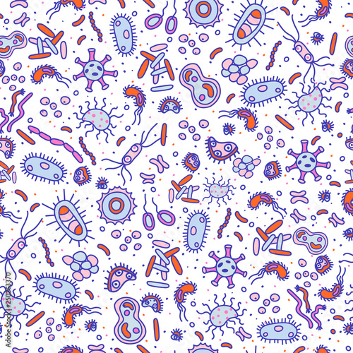 Bacteria, viruses and germs vector colorful pattern. Collection of various microorganisms, fungi, protozoa on a white background. Set of disease causing microbes in blue colors. 