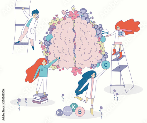 Healthy brain vector with flowers on the background. Four doctors and nurses looking for the right vitamins for brain functioning. Illustration of elements and minerals in pastel colors. 