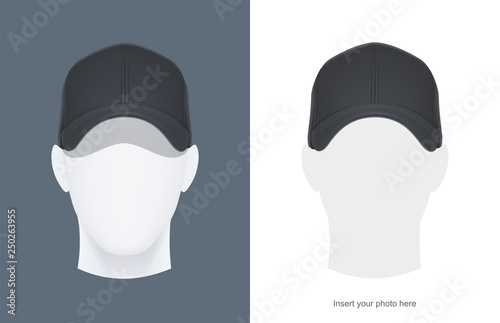 Baseball cap at head mannequin. Man Avatar in headgear. Clothes design. Trendy wear. Sports clothes. View hat. Face look. Isolated white background. Eps10 vector illustration.