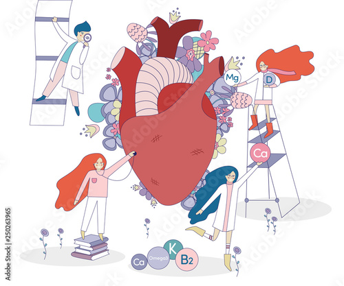 Healthy heart vector with flowers on the background. Four doctors and nurses looking for the right vitamins for heart functioning. Illustration of elements and minerals in pastel colors.