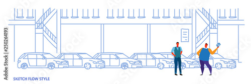 seller man with buyer car purchase sale or rental concept cars dealership center showroom building interior sketch flow style full length horizontal banner vector illustration