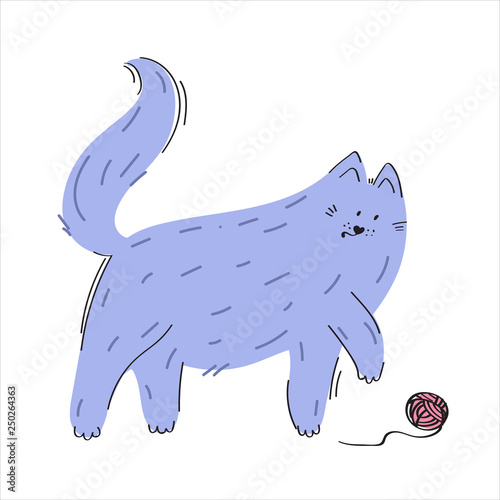 Blue hand drawn cat playing with the ball vector illustration concept. 