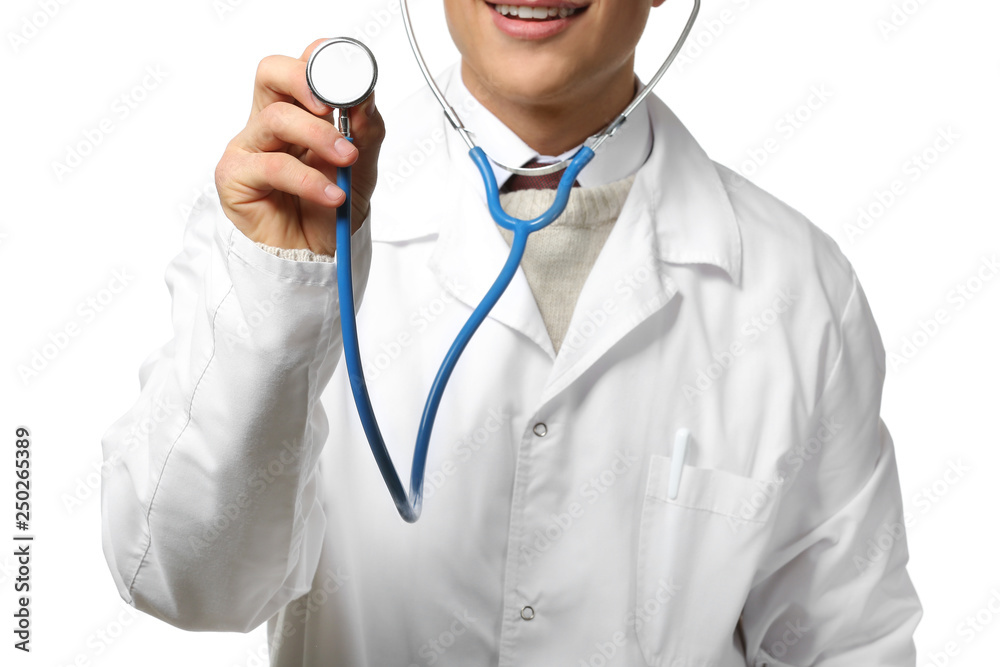 Male doctor using stethoscope on white background Male doctor using stethoscope on white background