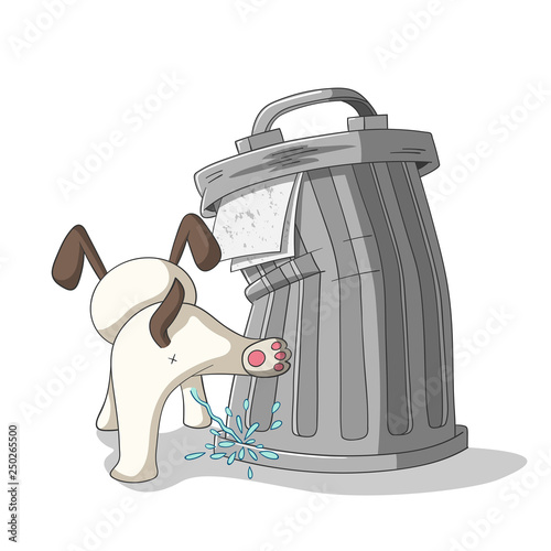 Young dog is peeing on a dustbin. Vector Illustration with separate layers. 