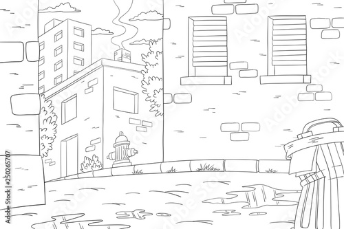Coloring book cityscape. Hand draw vector illustration with separate layers.