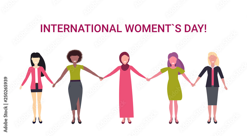 mix race women group holding hands international happy 8 march day holiday celebration concept female characters full length horizontal greeting card mix race women group holding hands international happy 8 march day holiday celebration concept female characters full length horizontal greeting card
