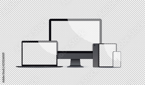 realistic electronic devices mockup set laptop monitor tablet and smartphone with empty blank screen digital technology concept transparent background horizontal