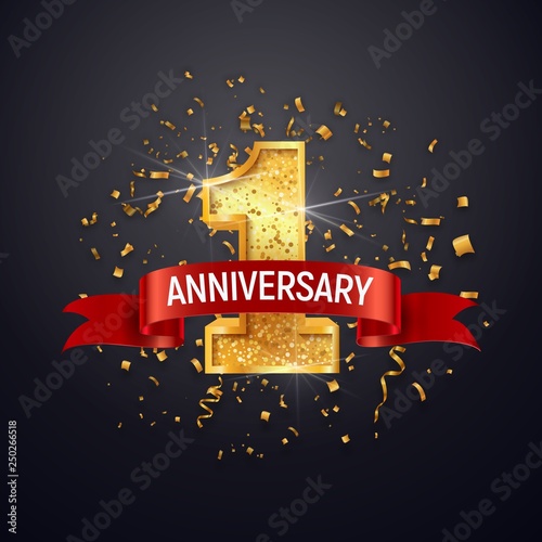 1 anniversary celebrating golden number with red ribbon vector and confetti isolated design elements. First year birthday event icon on dark background