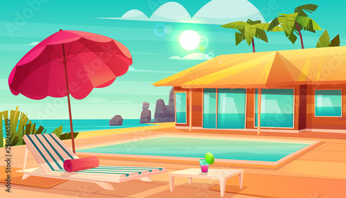 Luxury tropical resort hotel cartoon vector with cocktail on table, lounge chair under umbrella and swimming pool near comfortable beach house or bungalow illustration. Summer vacation background