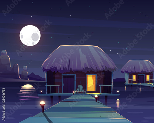 Vector cartoon background with rich hotel on piles at night. Living apartment on pillars, tropical resort on island, full moon backdrop. Hostel in sea, ocean with chaise lounge, deck chair.Summer rest