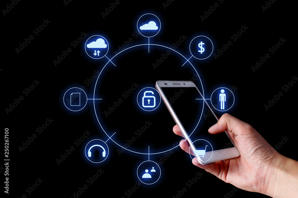 hand touch smartphone for connect to global data social network with abstract wave hand touch smartphone for connect to global data social network with abstract wave