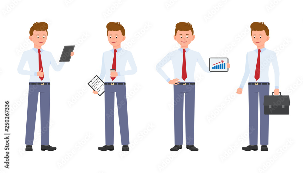 Cute, happy office man in formal wear standing with notes and coffee, tablet, briefcase. Cartoon character design of handsome, friendly person joyful, carefree, cheerful emotional concept - Vector Cute, happy office man in formal wear standing with notes and coffee, tablet, briefcase. Cartoon character design of handsome, friendly person joyful, carefree, cheerful emotional concept - Vector