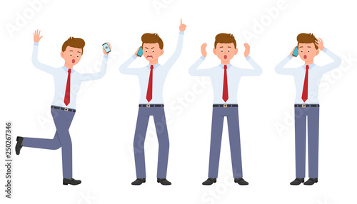 Young office worker in formal wear running in shock, shouting, surprised, amazed, calling, talking. Cartoon character design of angry, stressed man using smartphone emotions concept - Vector