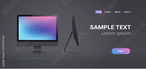 modern desktop monitor workstation blank computer display front and side view digital technology concept gray background horizontal banner copy space