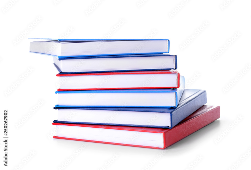 Stack of books on white background