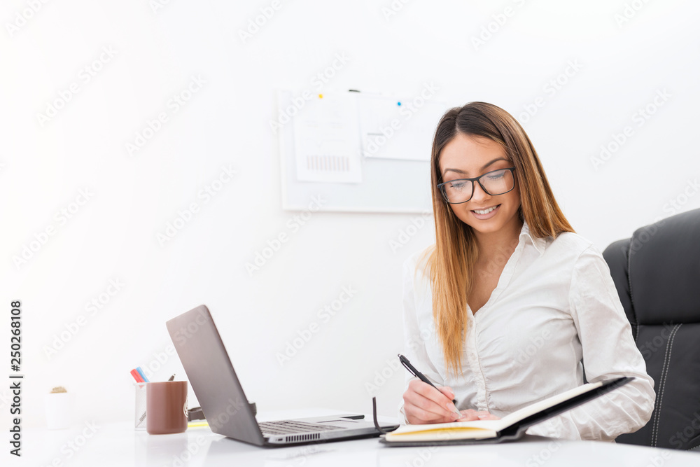Charming businesswoman with eyeglasses working in the office.