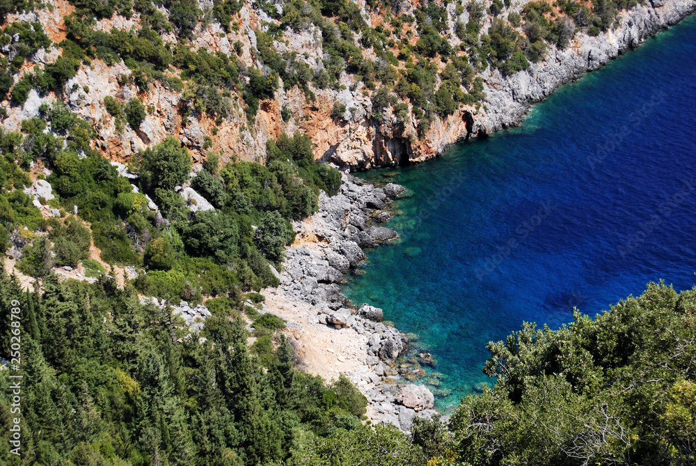 Picturesque rocky cove near Antisamos beach close to Sami on the Greek island of Kefalonia 