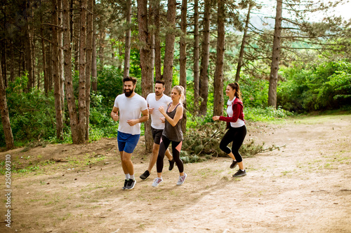Group of young people run a marathon through the forest