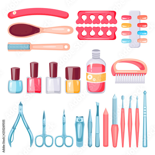 Manicure, pedicure tools and cosmetics set. Vector cartoon illustration. Nails, hands and feet care products