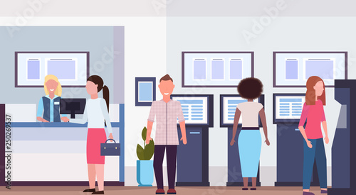 mix race people standing at cash desk atm for cash money financial consulting center banking workers and visitors modern bank office interior horizontal flat