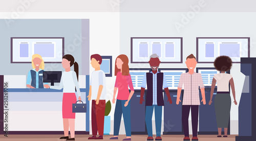 mix race people waiting line queue to specialist at cash desk financial consulting center with reception and atm modern bank office interior horizontal flat