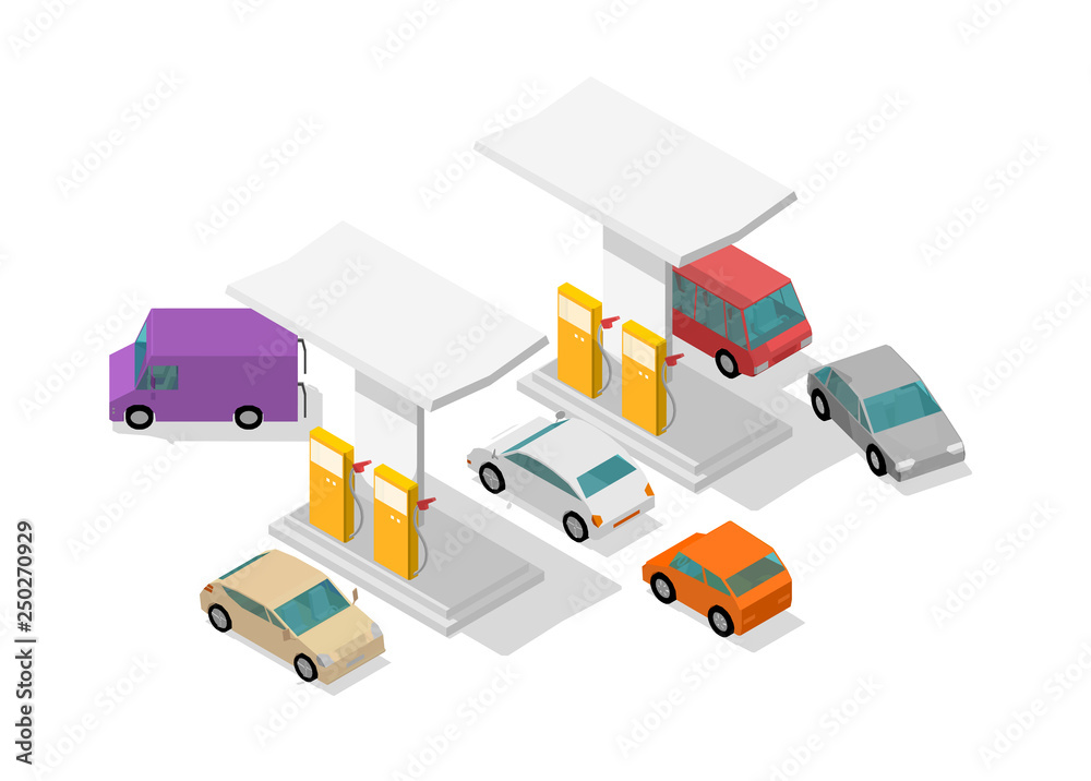 Filling station. Refilling fuel cars. Motorway road service. Petroleum gas station. Petrol tank, gasoline. Colorful vector isometric view.