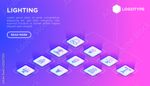 Lighting web page template with thin line isometric icons: bulb, LED, CFL, candle, table lamp, sunlight, spotlight, flash, candelabrum, menorah, lighthouse, night aroma lamp. Vector illustration.