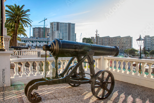 Gibraltar street adorned with ancient cannons